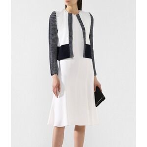 ST JOHN Knit Jacket White Black Geometric Stripe Open Front Cropped Size 18